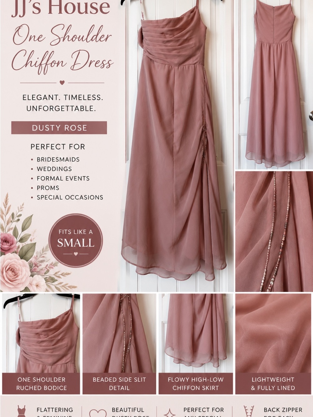 JJs House One-Shoulder Chiffon Dress in Blush Pink